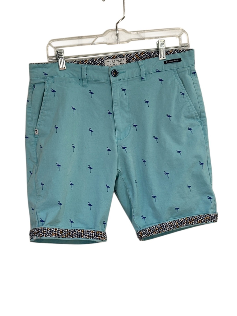 Denim & Flower Ricky Singh Flamingo Print Chino Shorts - Light Blue - Size 32